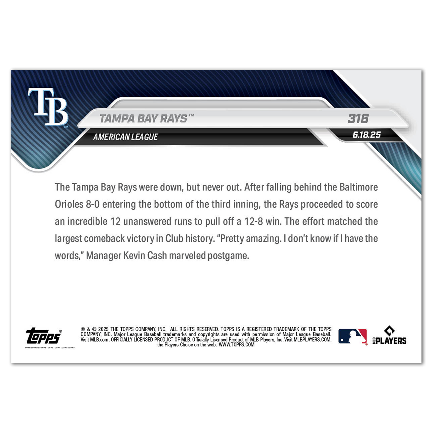 Tampa Bay Rays™ - 2025 MLB Topps NOW® - Card 316