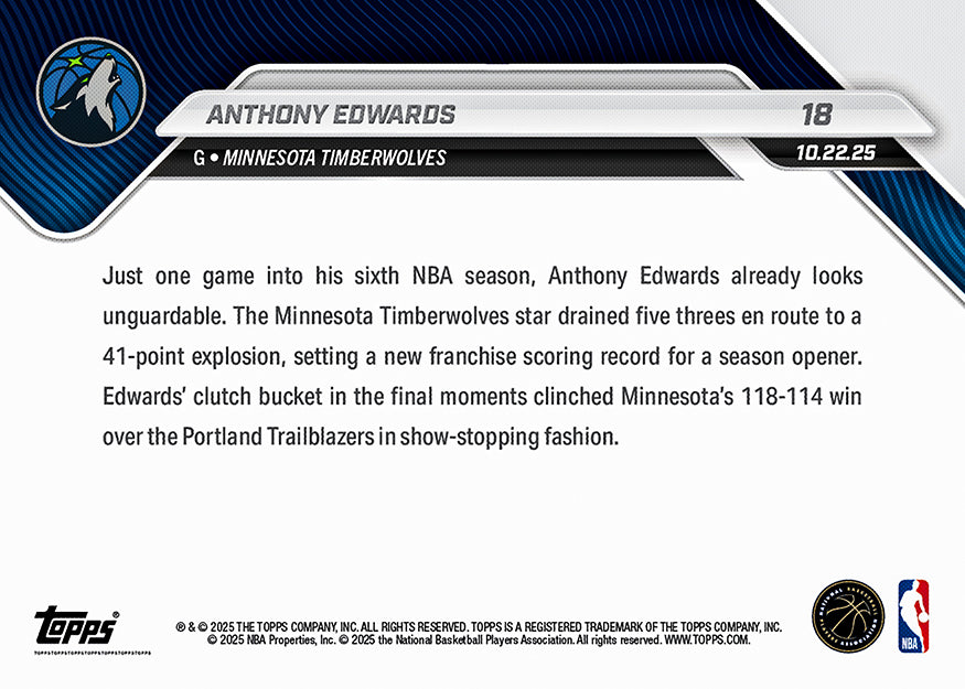 Anthony Edwards - 2025-26 NBA Topps NOW® - Card 18