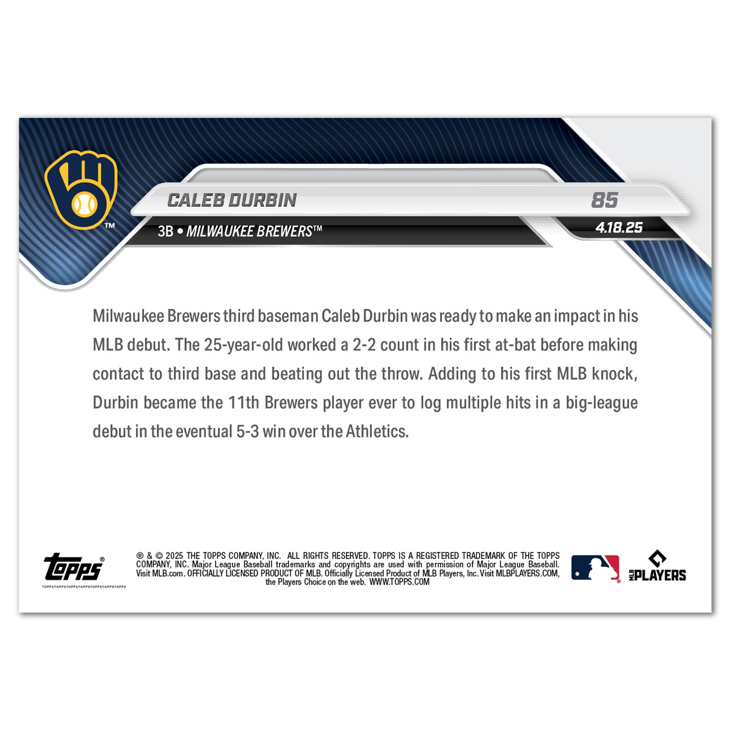 Caleb Durbin - 2025 MLB Topps NOW® - Card 85