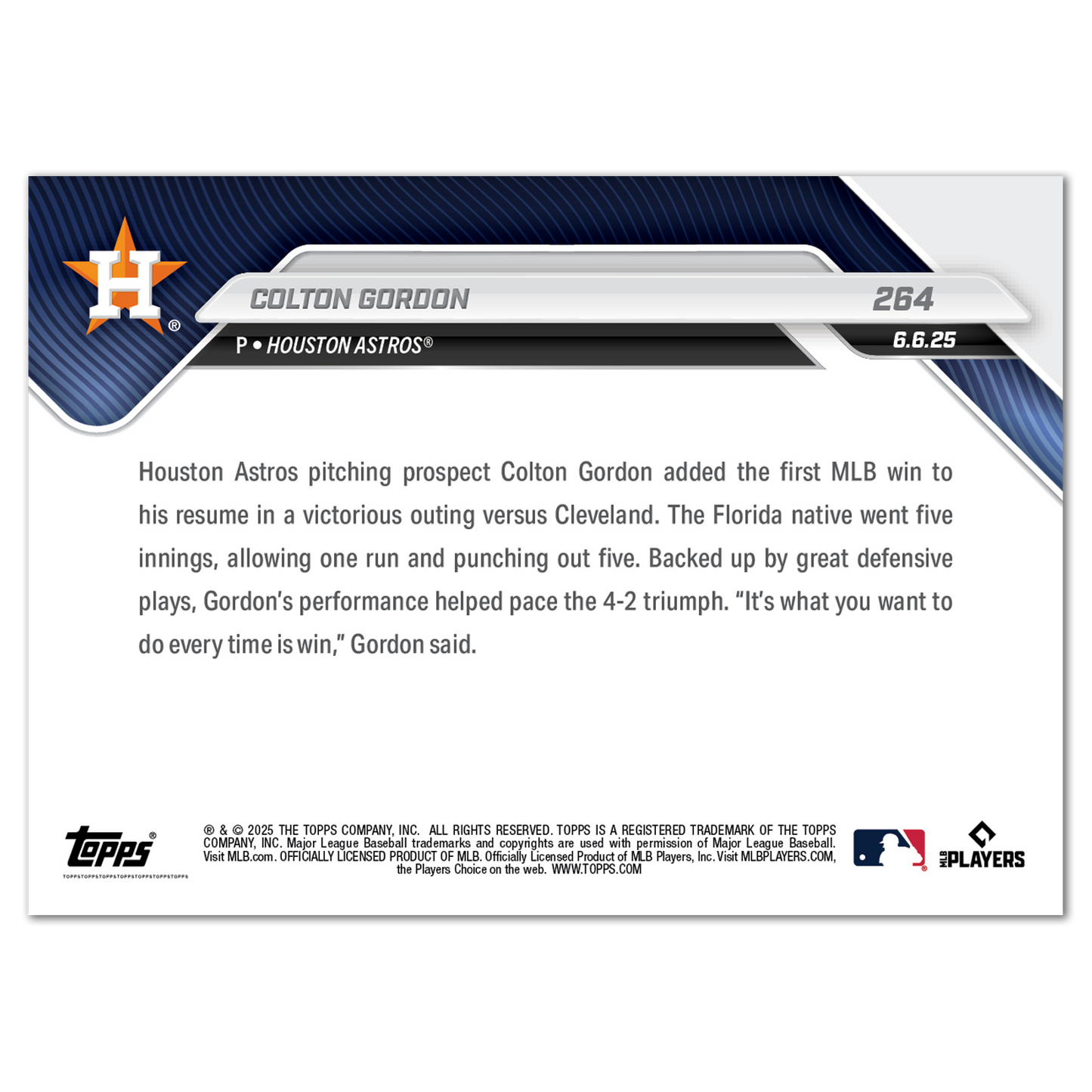 Colton Gordon - 2025 MLB Topps NOW® - Card 264