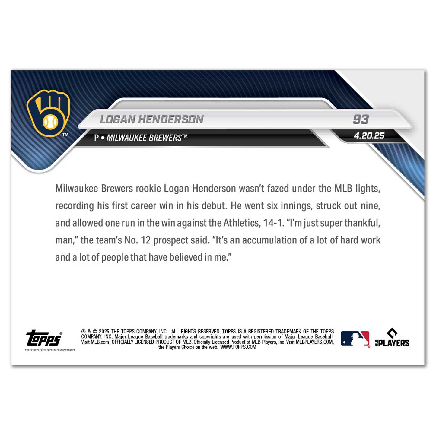 Logan Henderson - 2025 MLB Topps NOW® - Card 93