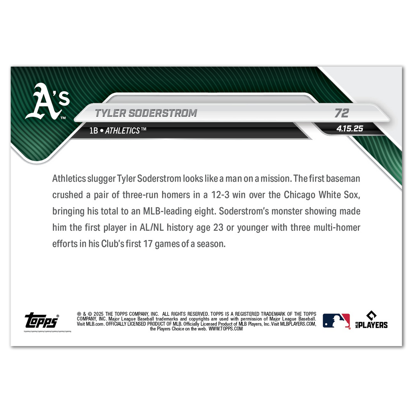 Tyler Soderstrom - 2025 MLB Topps NOW® - Card 72