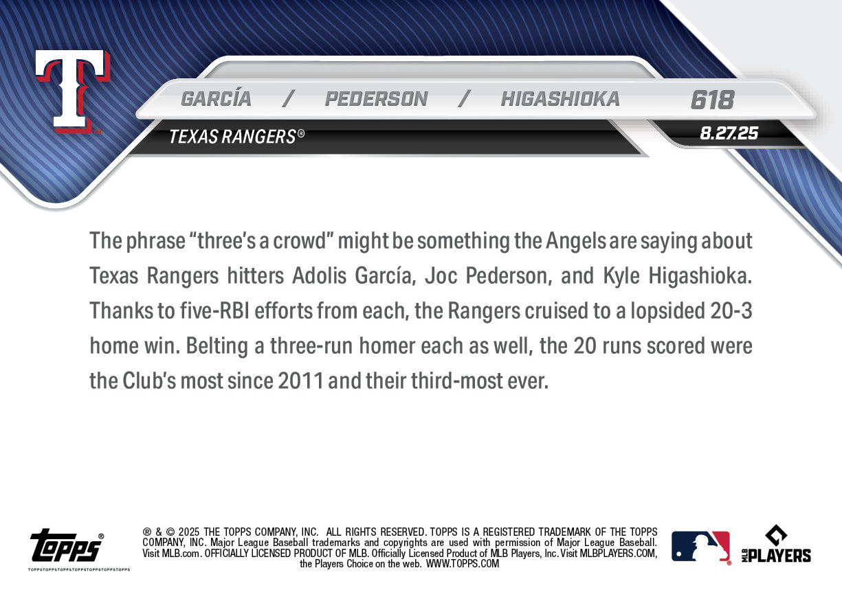 Adolis García / Joc Pederson / Kyle Higashioka - 2025 MLB Topps NOW® - Card 618