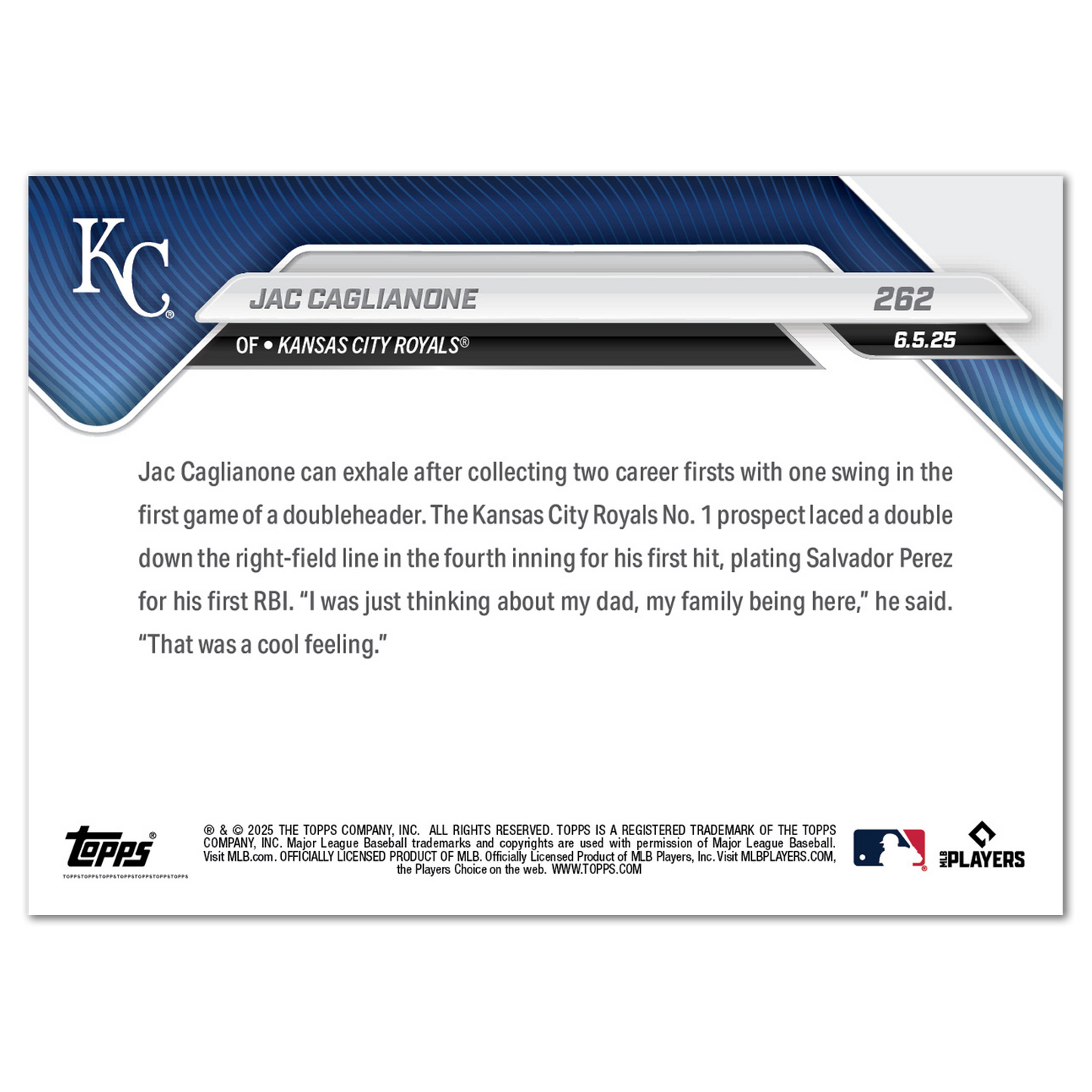 Jac Caglianone - 2025 MLB Topps NOW® - Card 262 - LOOK FOR AUTOS