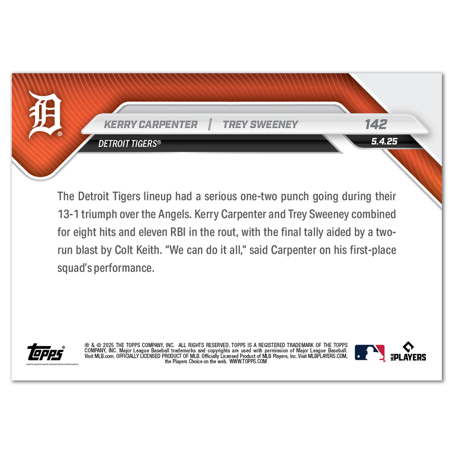 Kerry Carpenter/Trey Sweeney - 2025 MLB Topps NOW® - Card 142