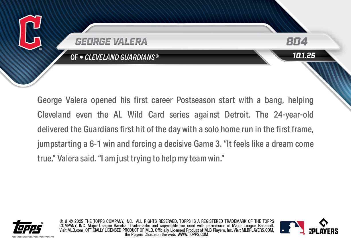 George Valera - 2025 MLB Topps NOW® - Card 804