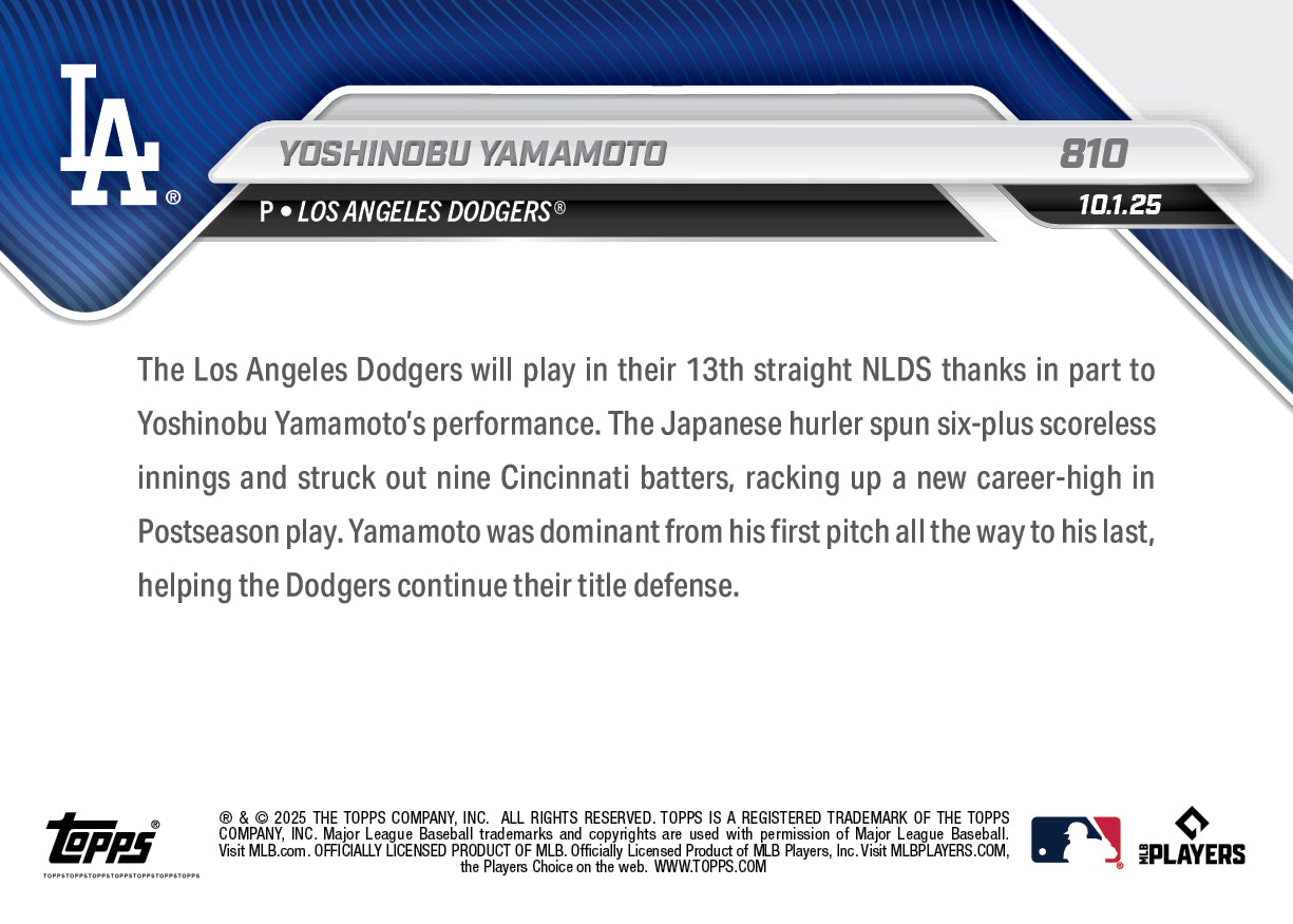Yoshinobu Yamamoto - 2025 MLB Topps NOW® - Card 810