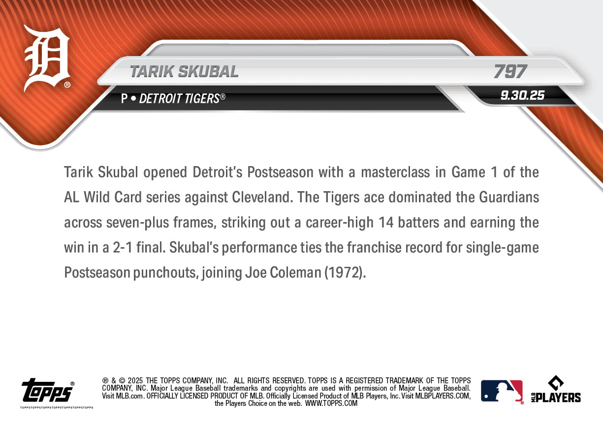 Tarik Skubal - 2025 MLB Topps NOW® - Card 797