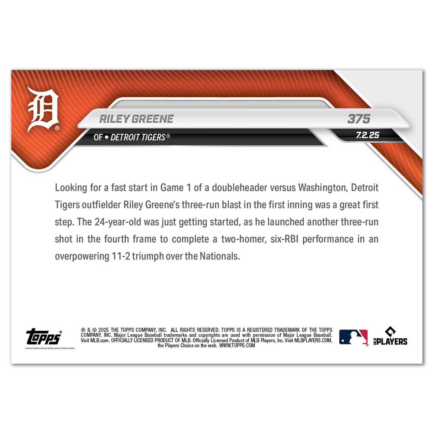 Riley Greene - 2025 MLB Topps NOW® - Card 375