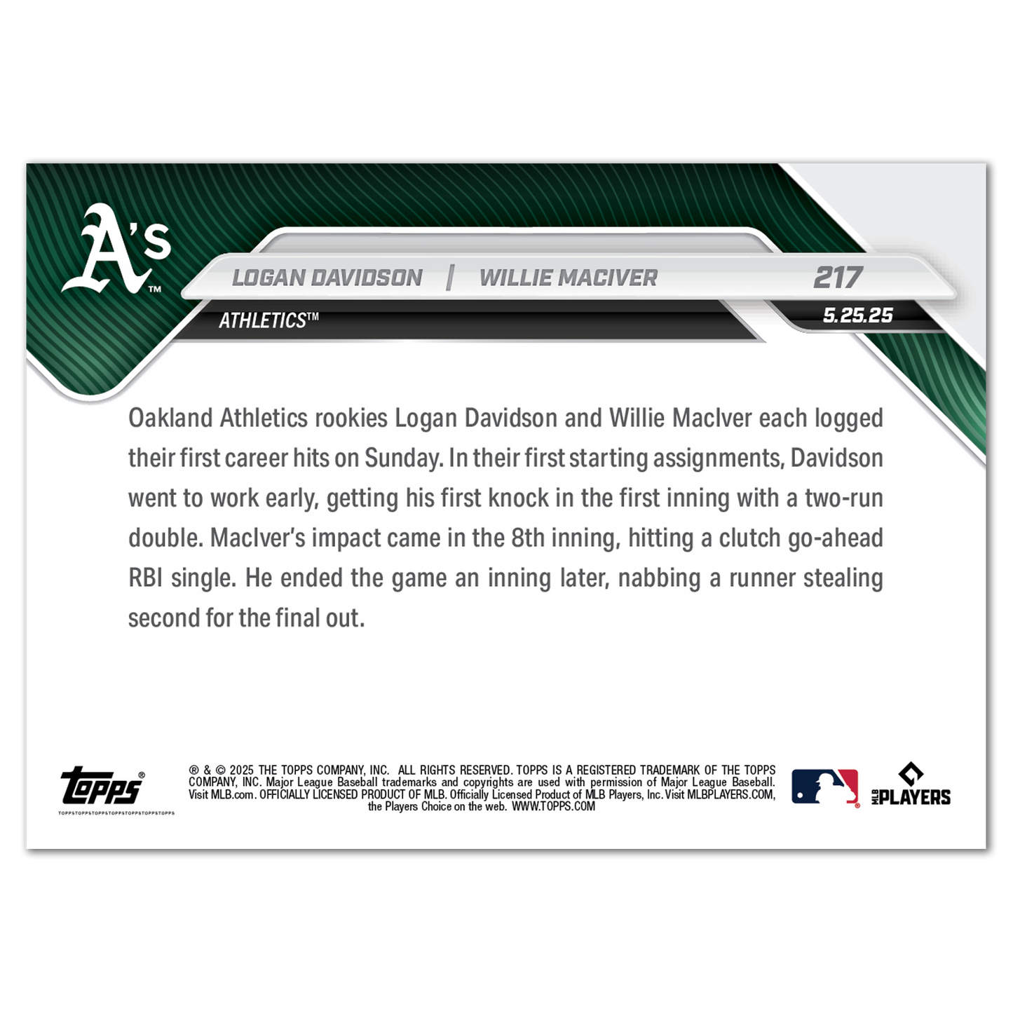 Logan Davidson/Willie MacIver - 2025 MLB Topps NOW® - Card 217