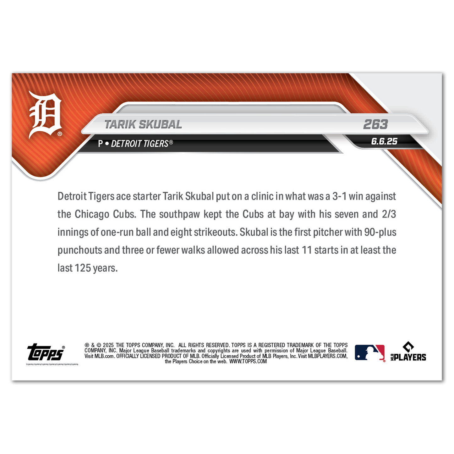 Tarik Skubal - 2025 MLB Topps NOW® - Card 263