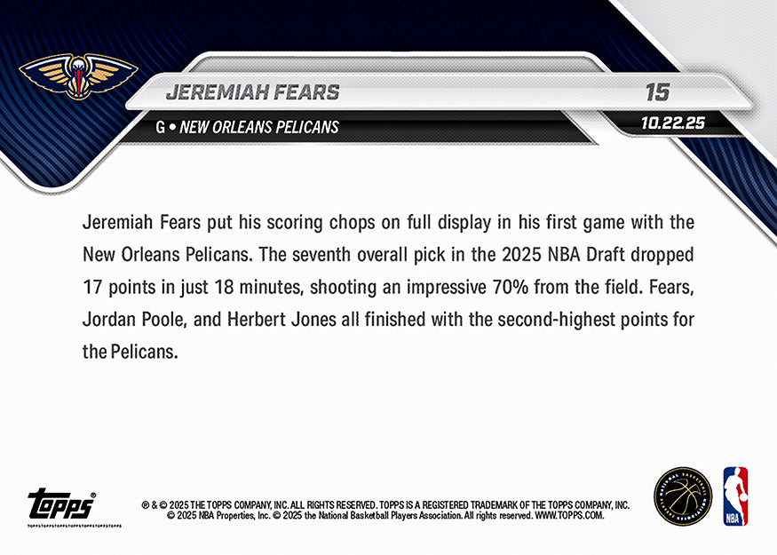 Jeremiah Fears - 2025-26 NBA Topps NOW® - Card 15