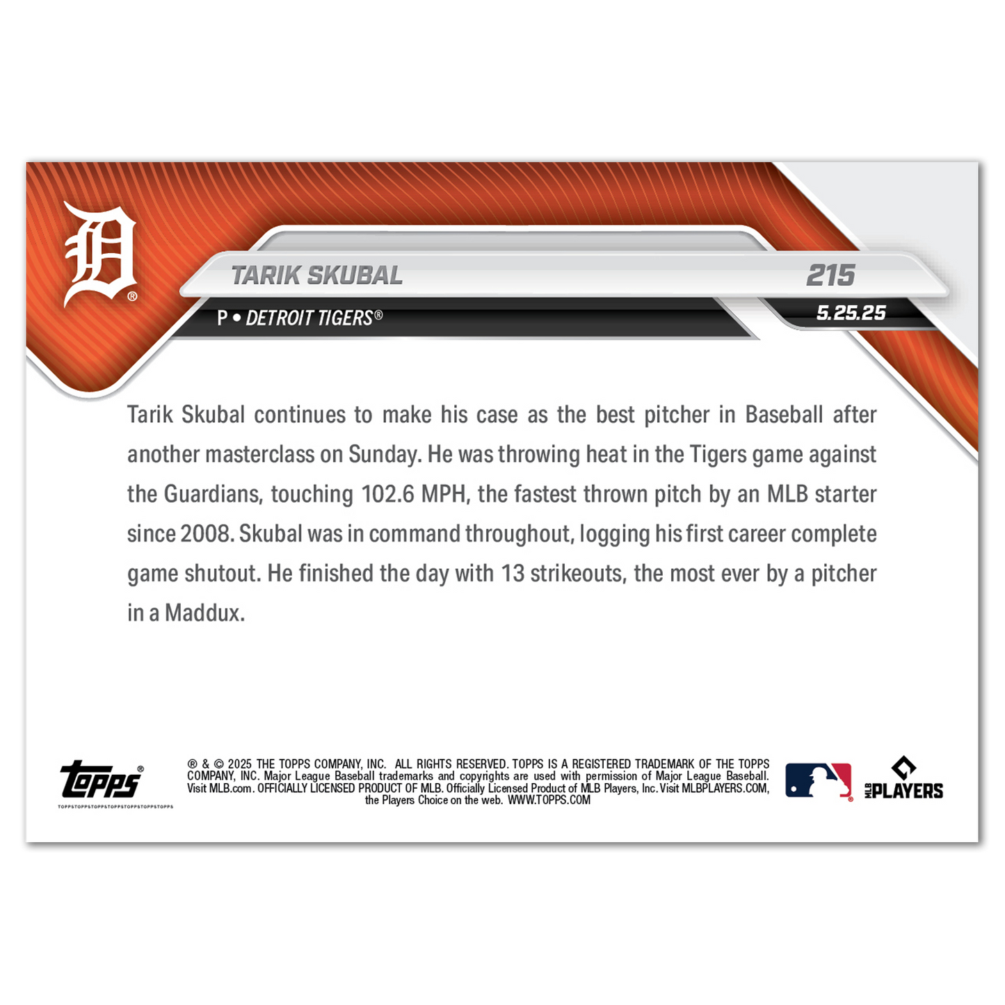Tarik Skubal - 2025 MLB Topps NOW® - Card 215 - LOOK FOR AUTOS