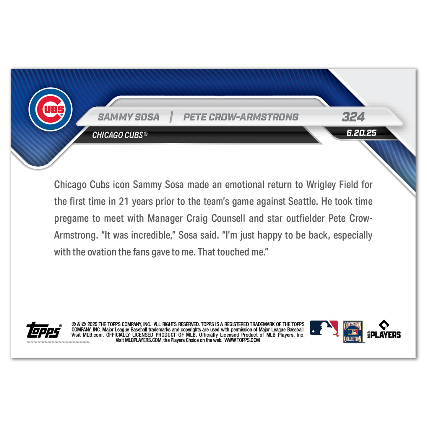 Sammy Sosa / Pete Crow-Armstrong - 2025 MLB Topps NOW® - Card 324