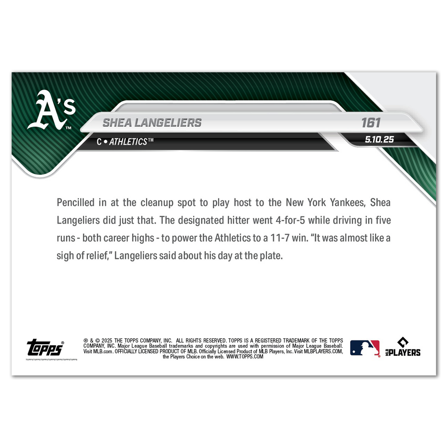 Shea Langeliers - 2025 MLB Topps NOW® - Card 161