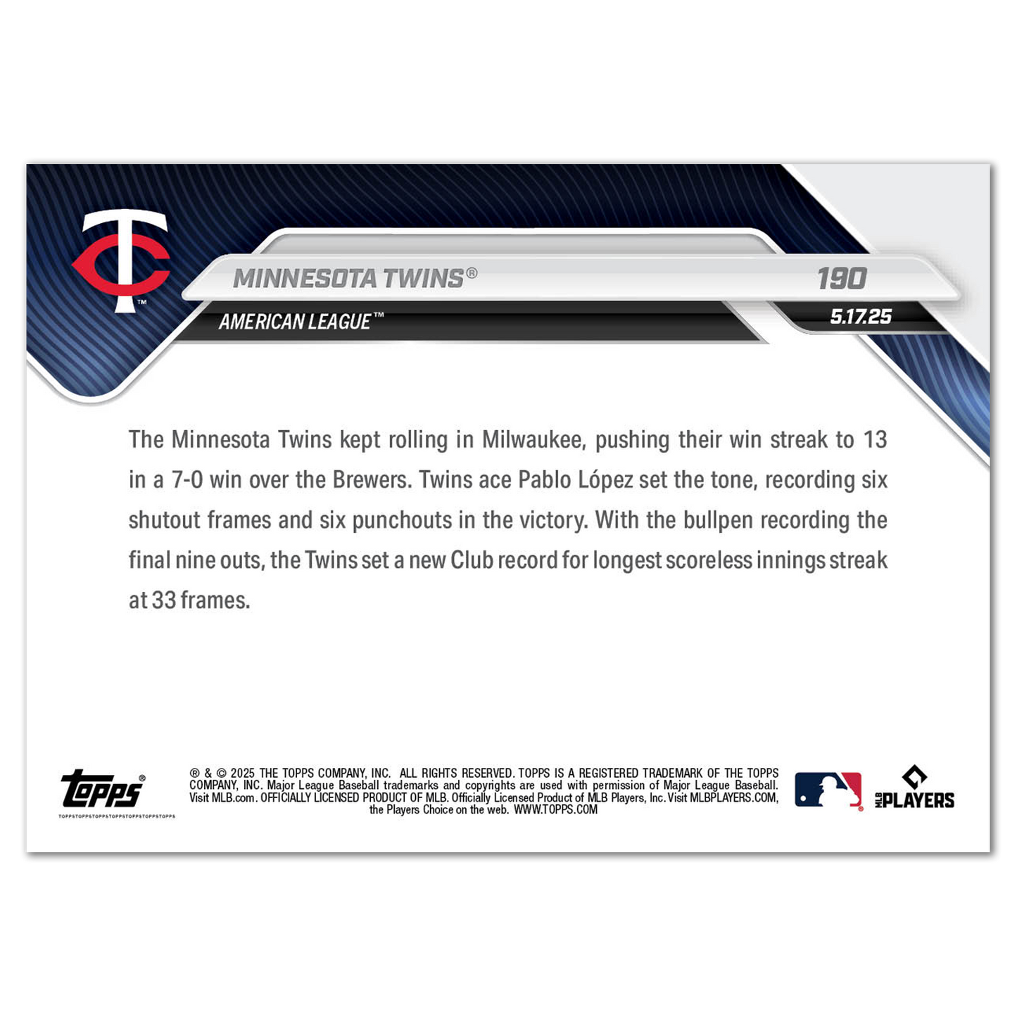 Minnesota Twins - 2025 MLB Topps NOW® - Card 190