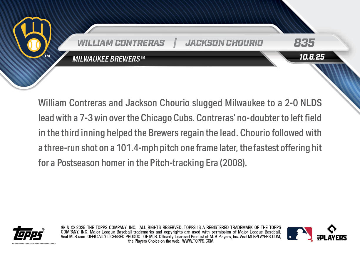 William Contreras / Jackson Chourio - 2025 MLB Topps NOW® - Card 835
