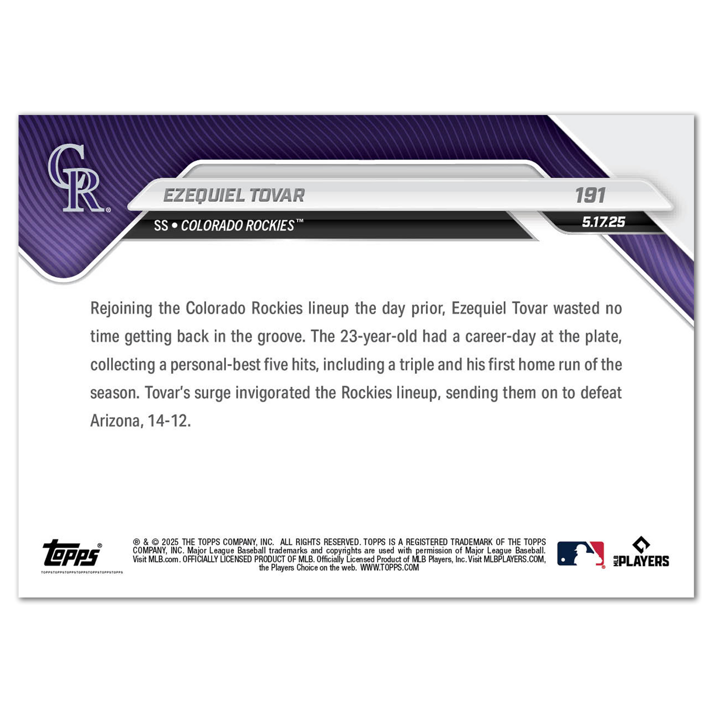 Ezequiel Tovar - 2025 MLB Topps NOW® - Card 191