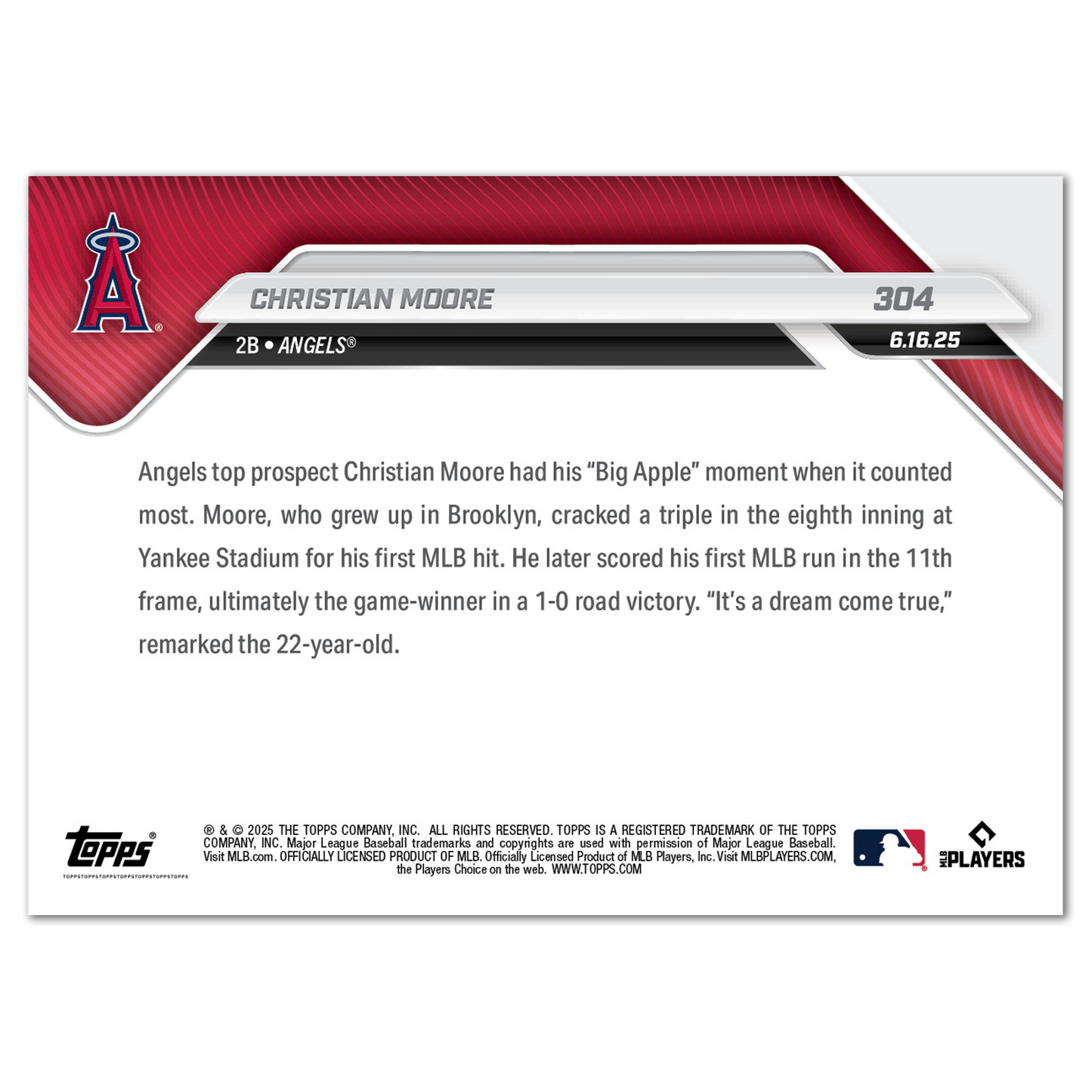 Christian Moore - 2025 MLB Topps NOW® - Card 304
