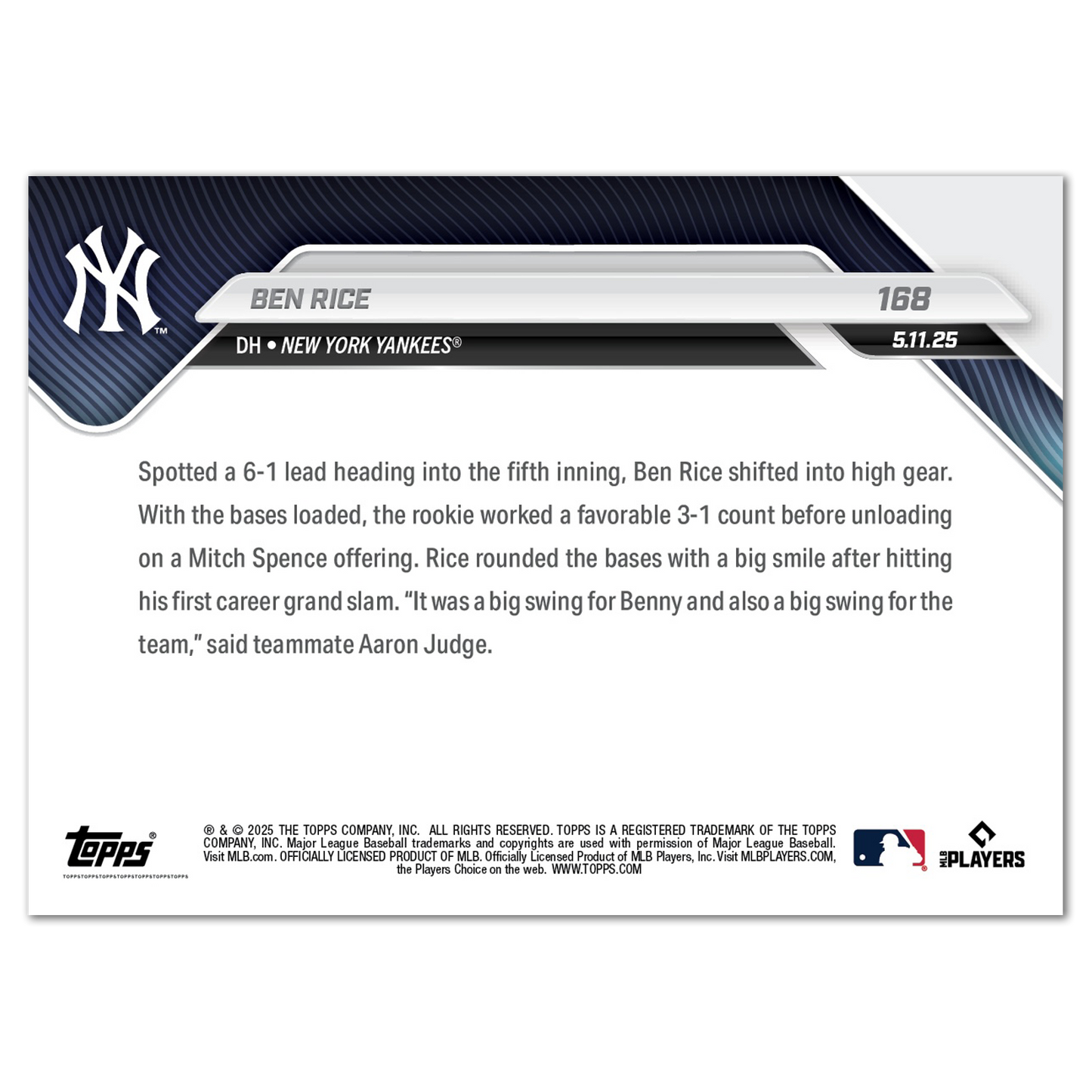 Ben Rice - 2025 MLB Topps NOW® - Card 168