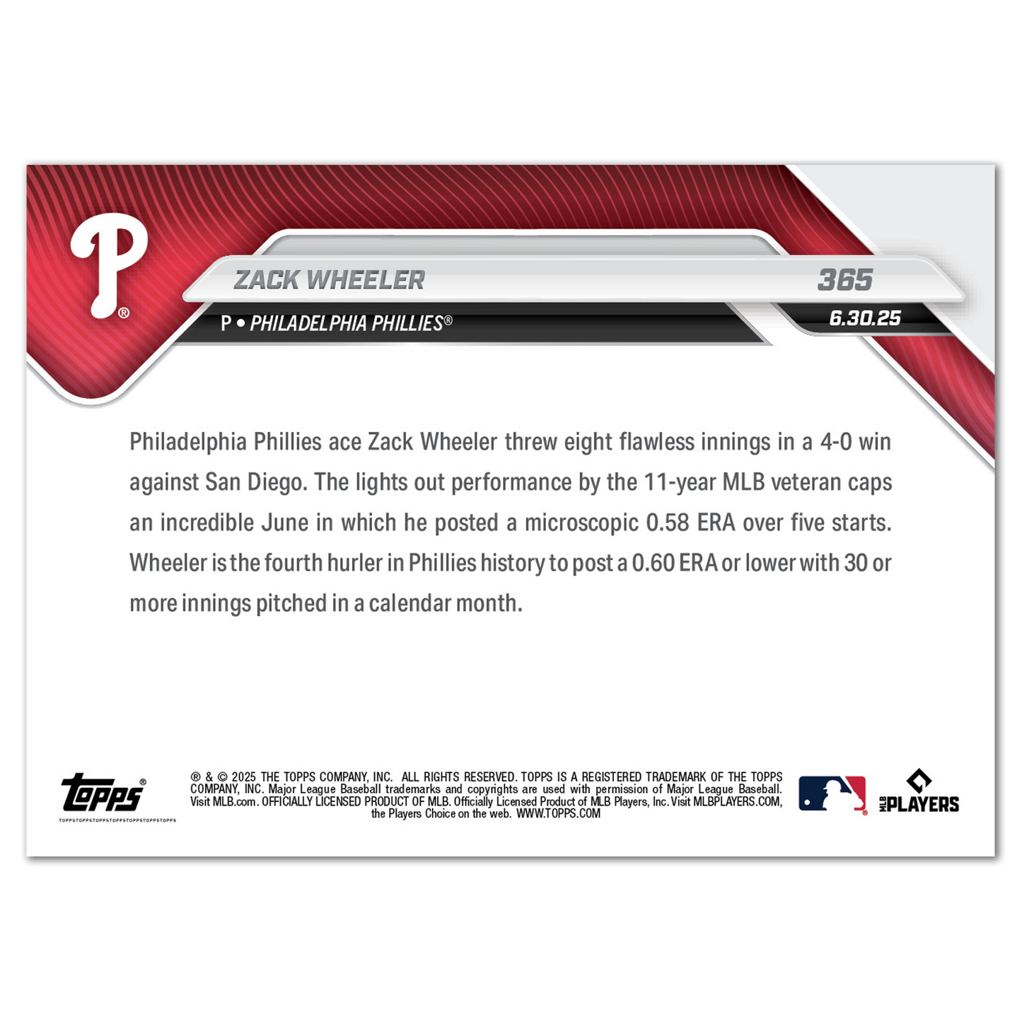 Zack Wheeler - 2025 MLB Topps NOW® - Card 365