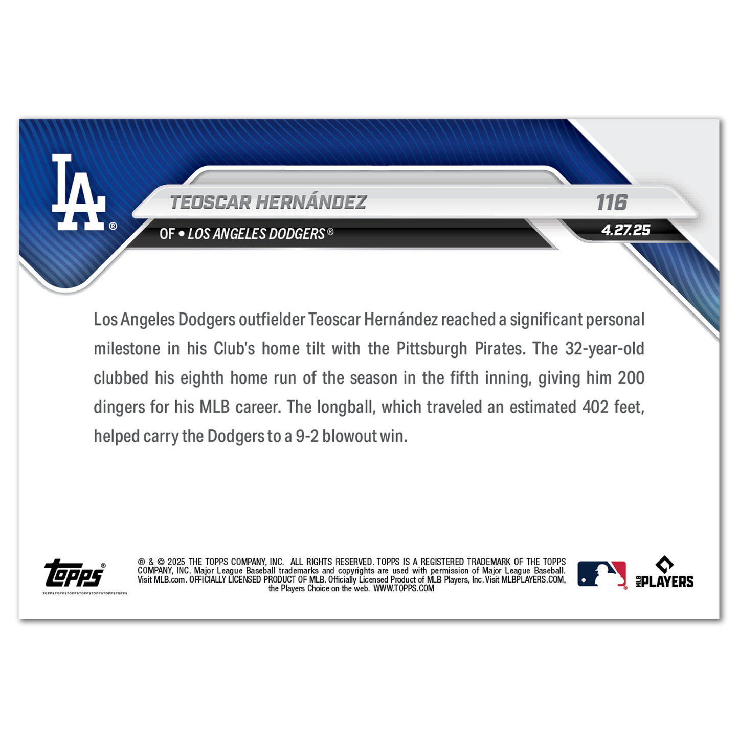 Teoscar Hernández - 2025 MLB Topps NOW® - Card 116