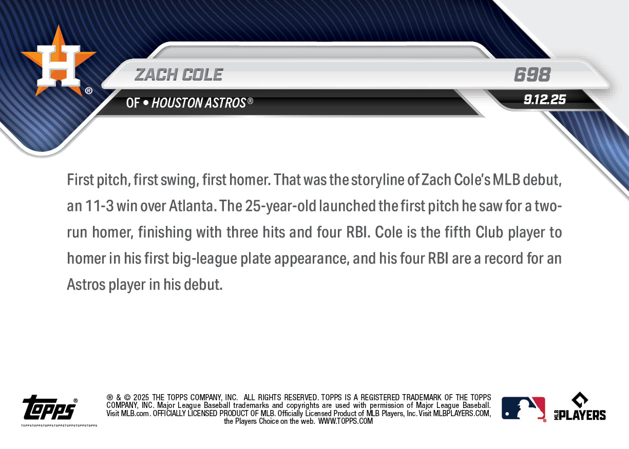 Zach Cole - 2025 MLB Topps NOW® - Card 698