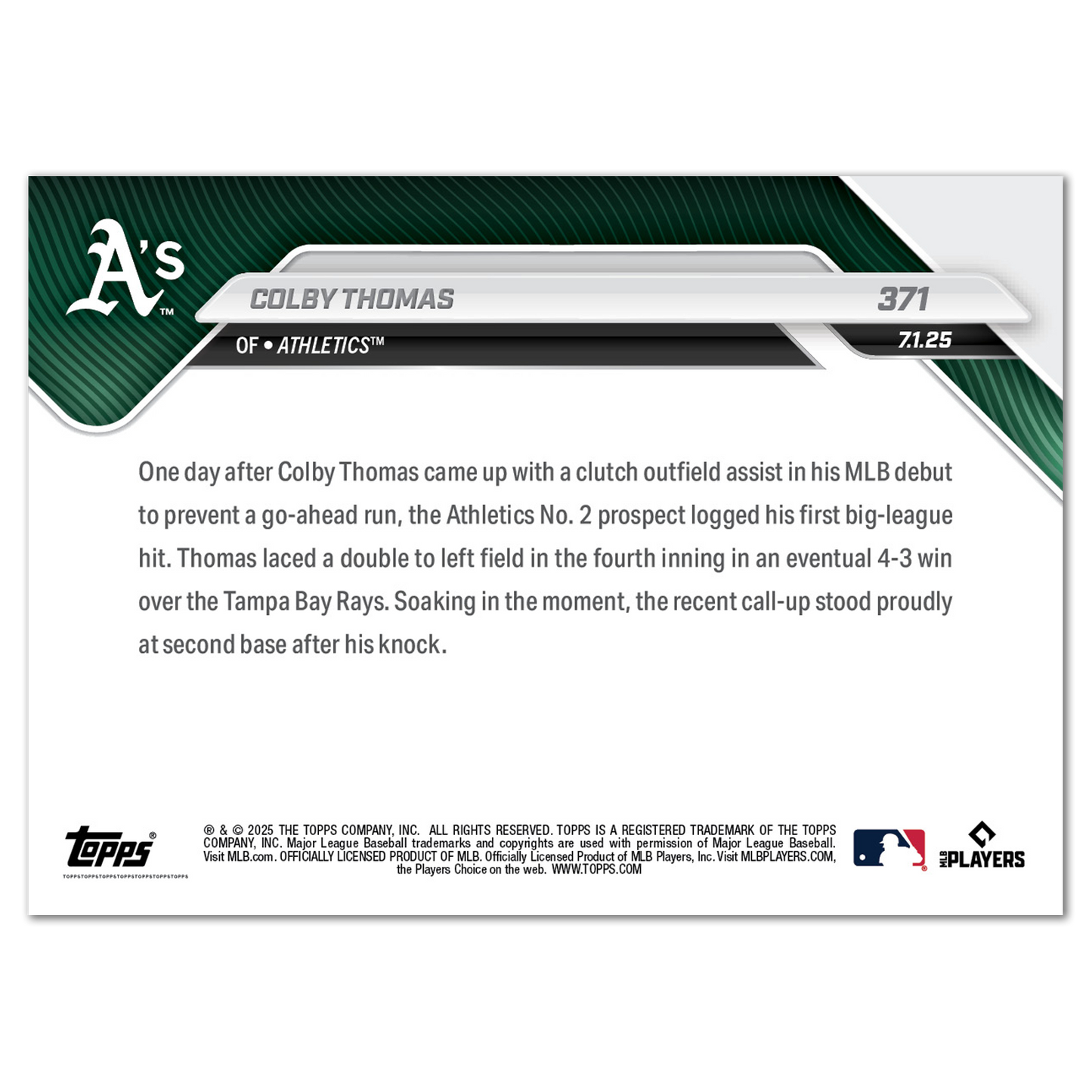 Colby Thomas - 2025 MLB Topps NOW® - Card 371