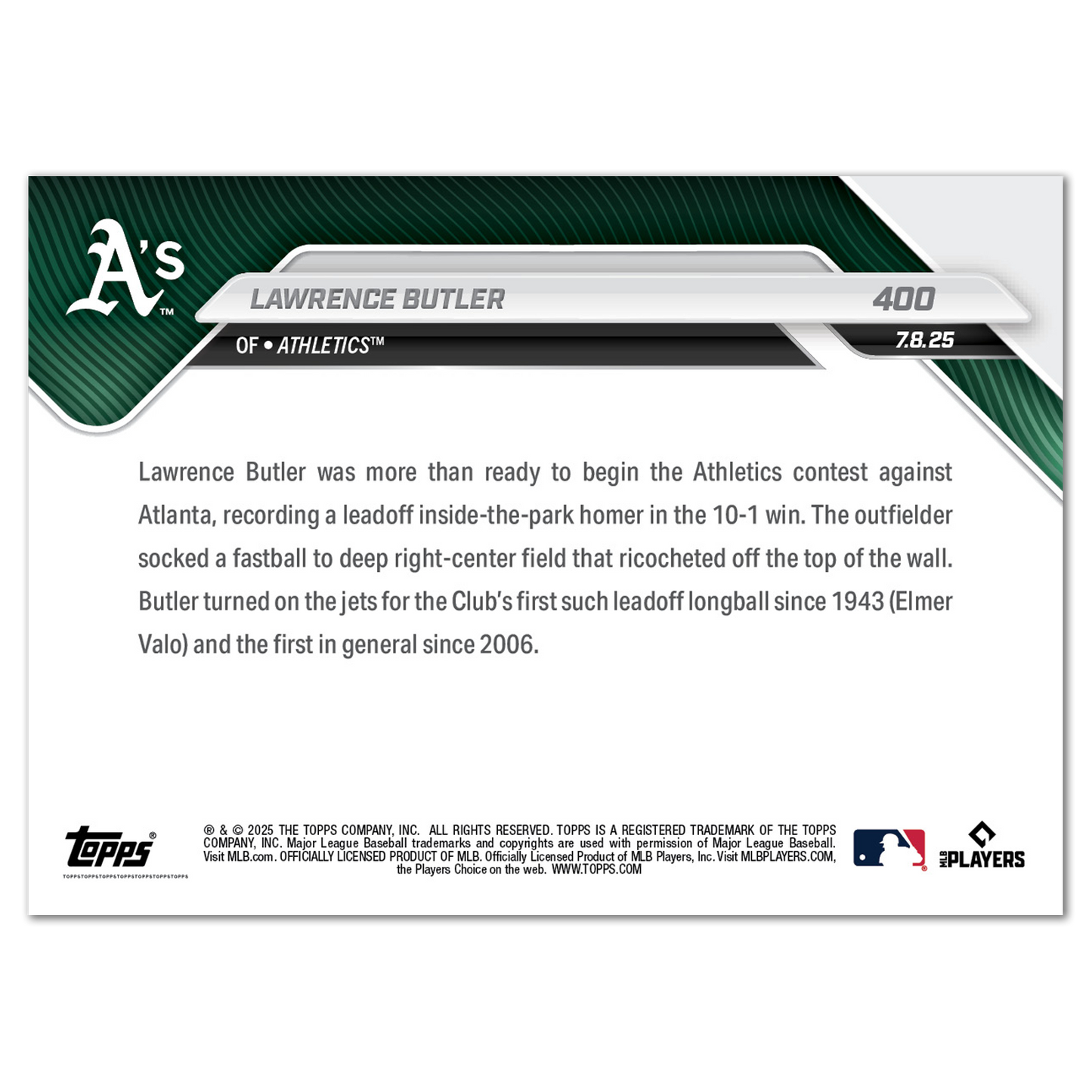 Lawrence Butler - 2025 MLB Topps NOW® - Card 400