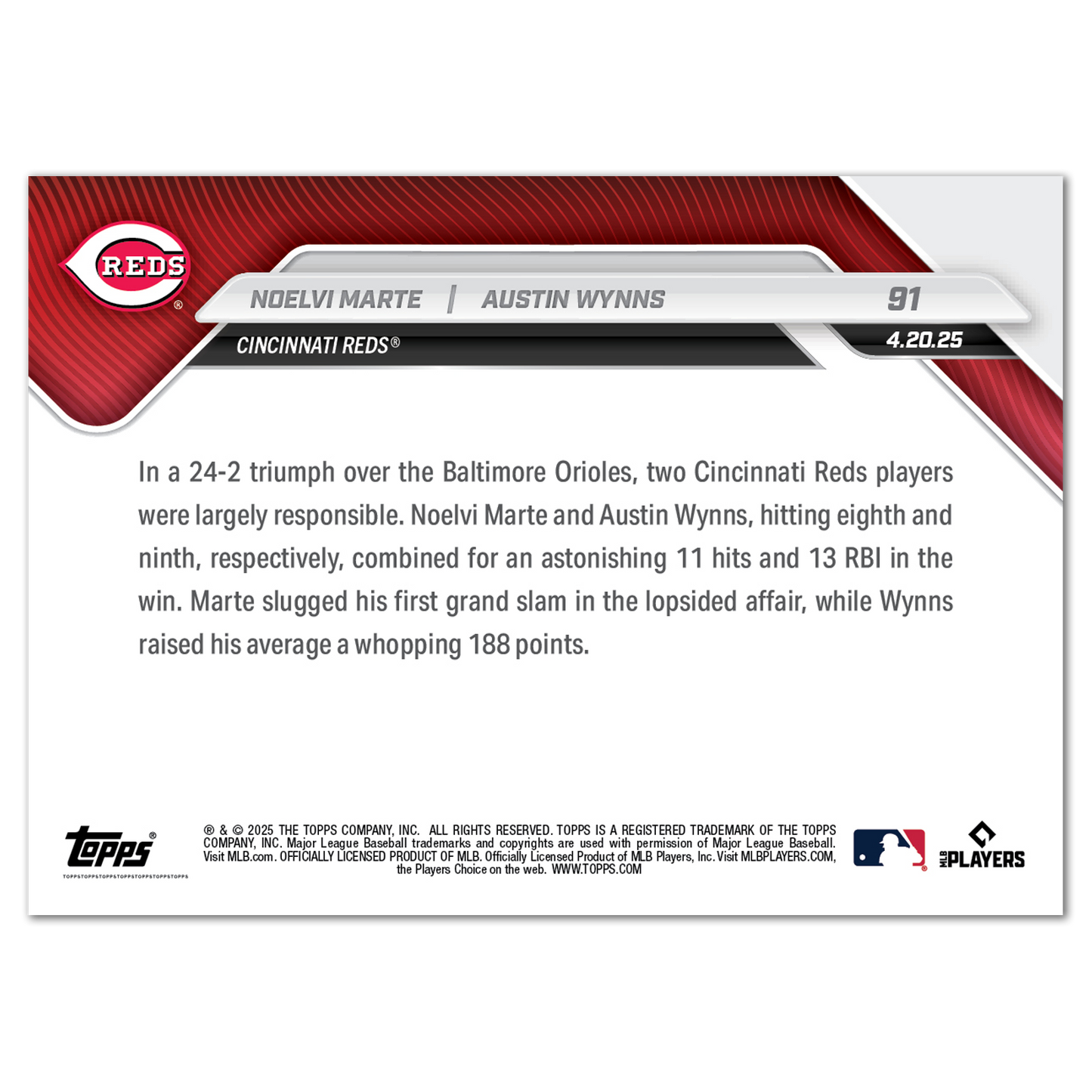 Noelvi Marte/Austin Wynns - 2025 MLB Topps NOW® - Card 91