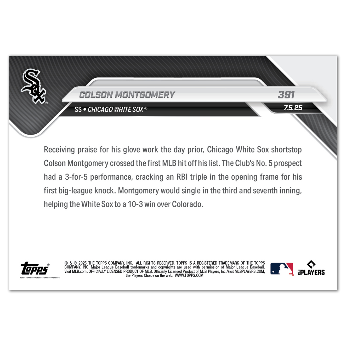 Colson Montgomery - 2025 MLB Topps NOW® - Card 391