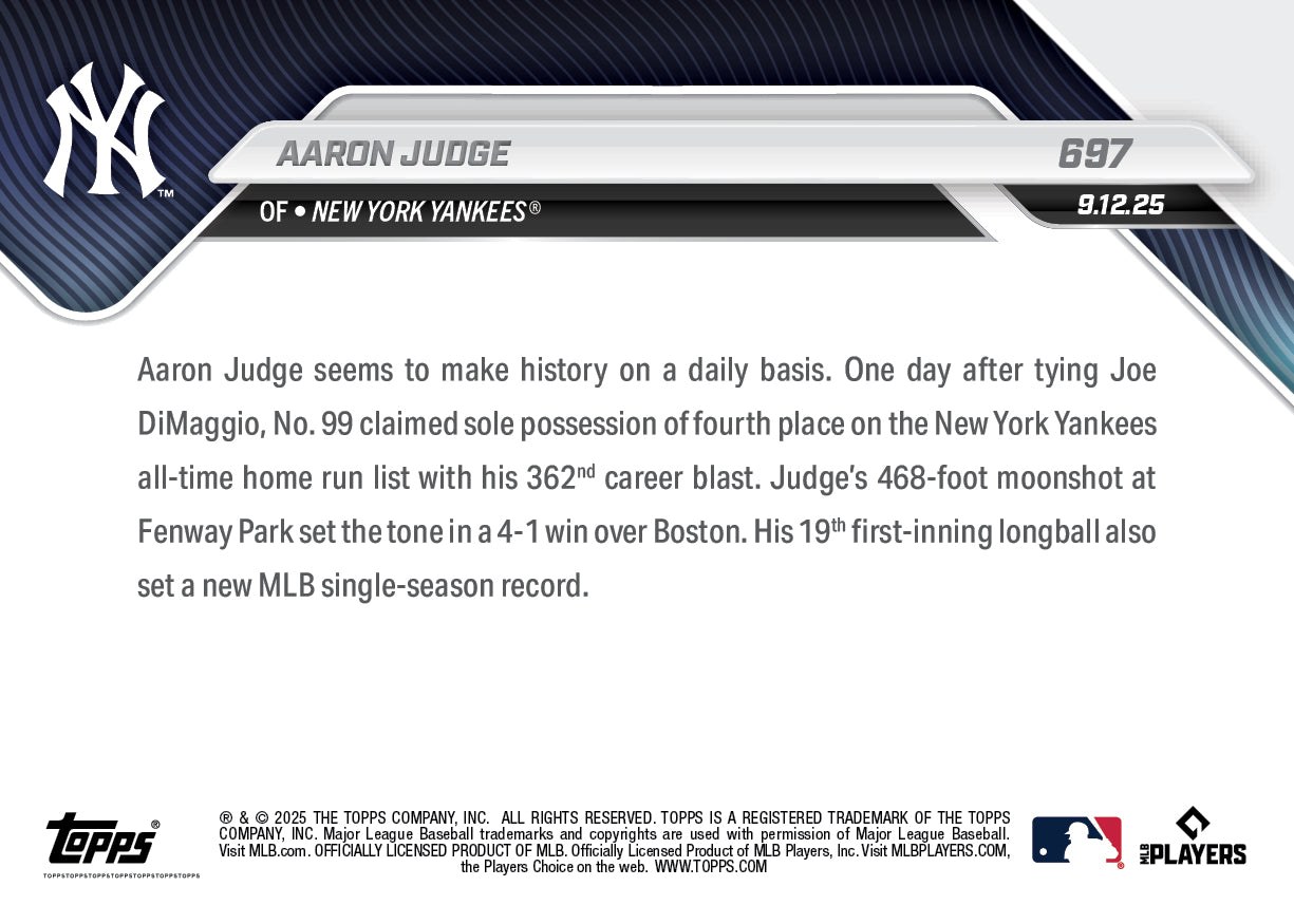 Aaron Judge - 2025 MLB Topps NOW® - Card 697 - LOOK FOR RELICS OR AUTO-RELIC