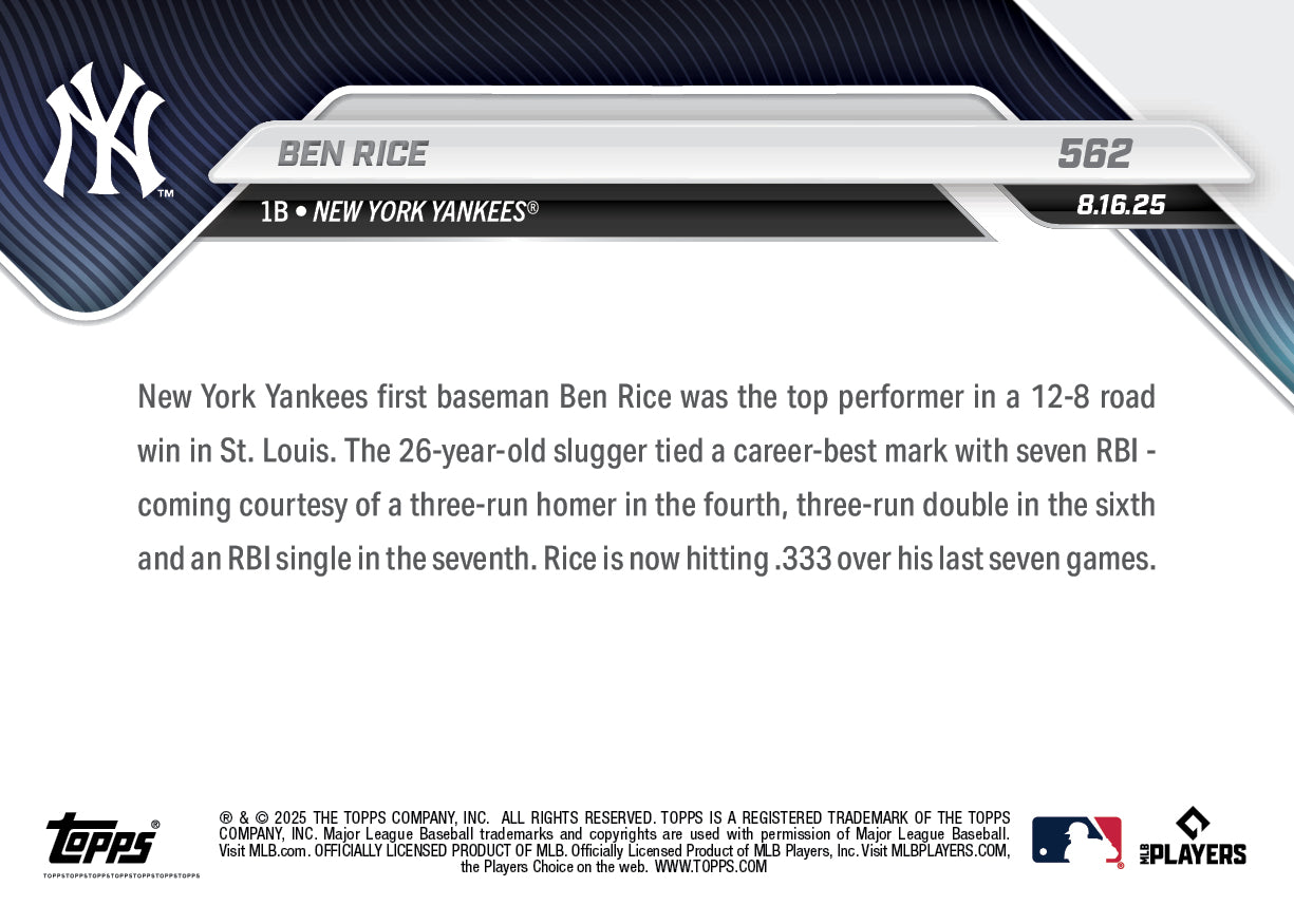 Ben Rice - 2025 MLB Topps NOW® - Card 562