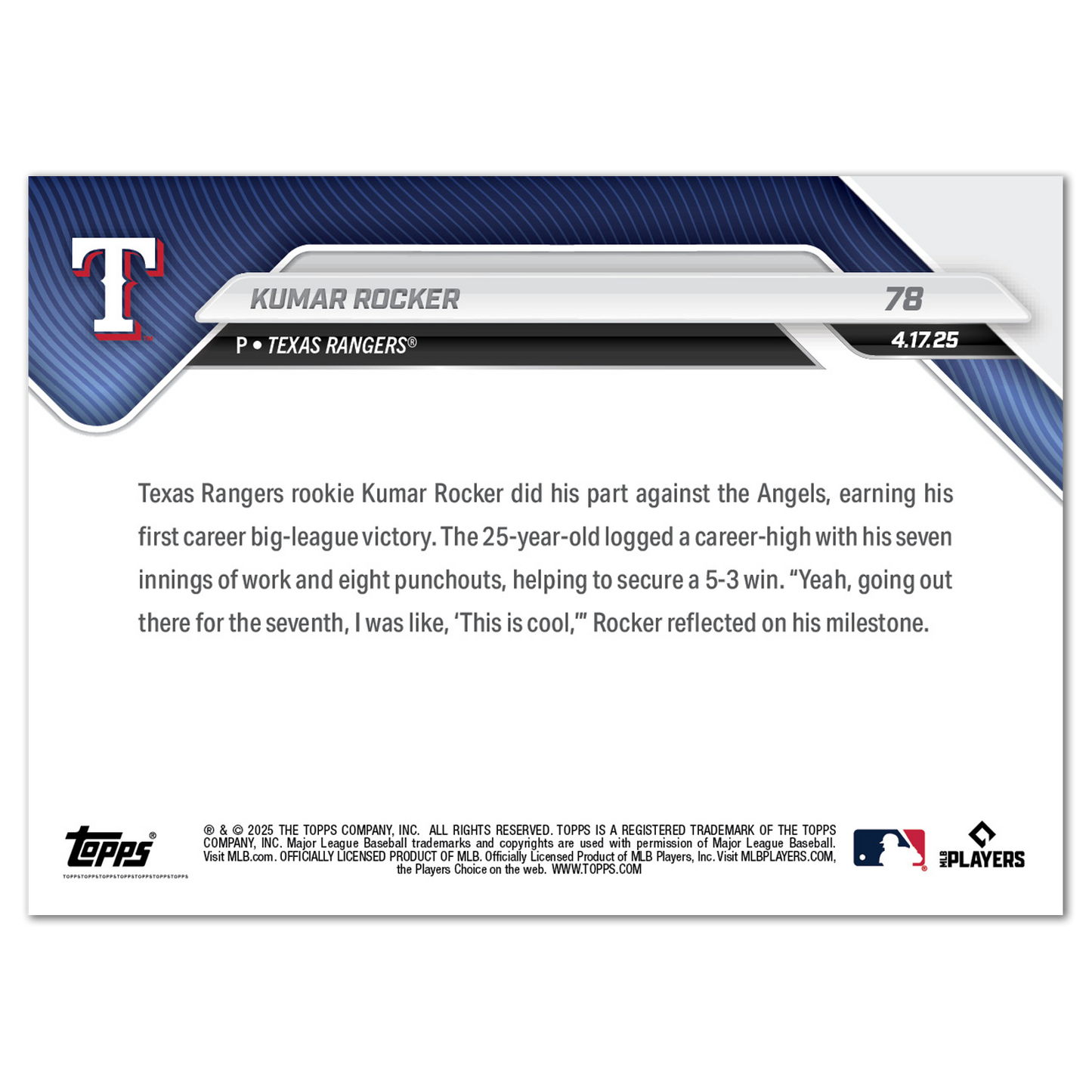 Kumar Rocker - 2025 MLB Topps NOW® - Card 78