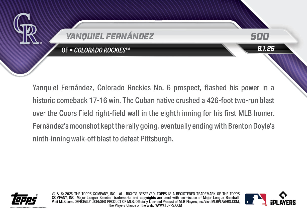 Yanquiel Fernández - 2025 MLB Topps NOW® - Card 500