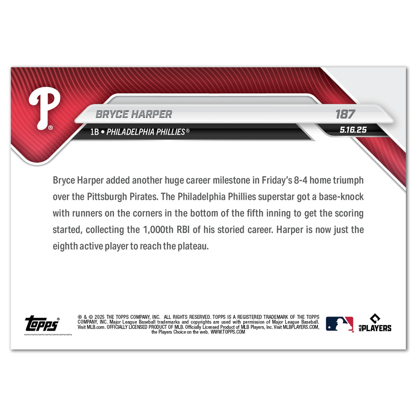 Bryce Harper - 2025 MLB Topps NOW® - Card 187 - LOOK FOR AUTOS