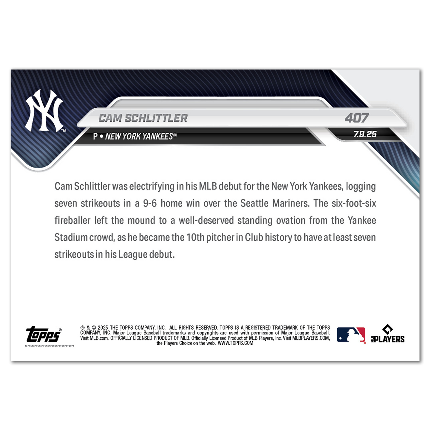 Cam Schlittler - 2025 MLB Topps NOW® - Card 407