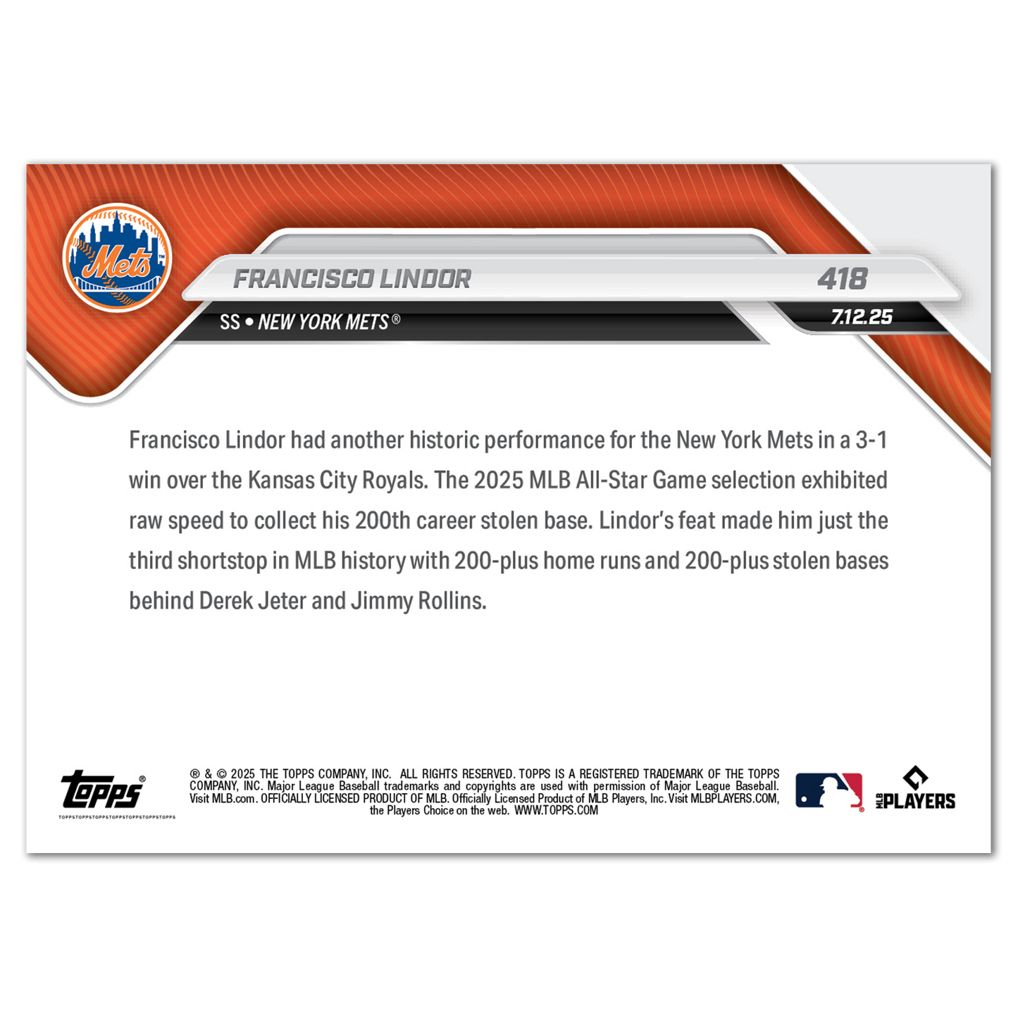 Francisco Lindor - 2025 MLB Topps NOW® - Card 418