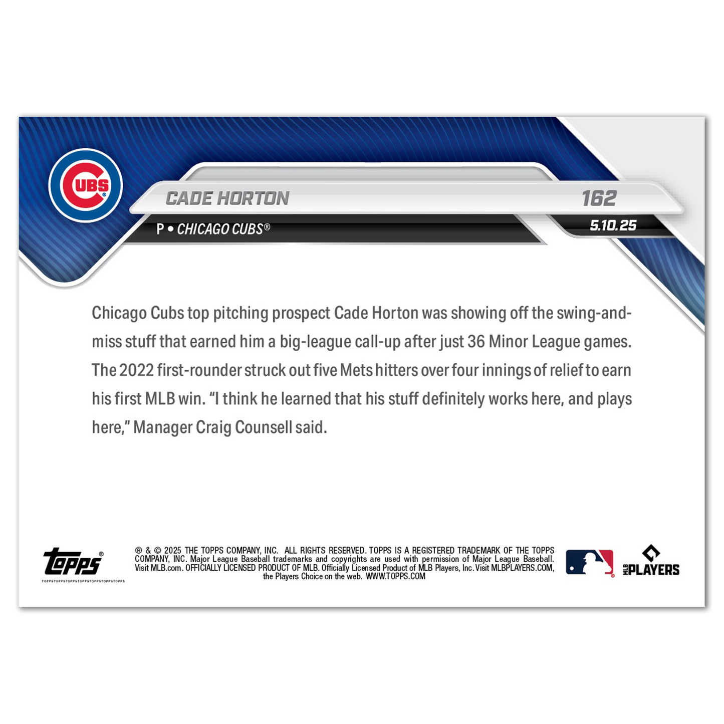 Cade Horton - 2025 MLB Topps NOW® - Card 162