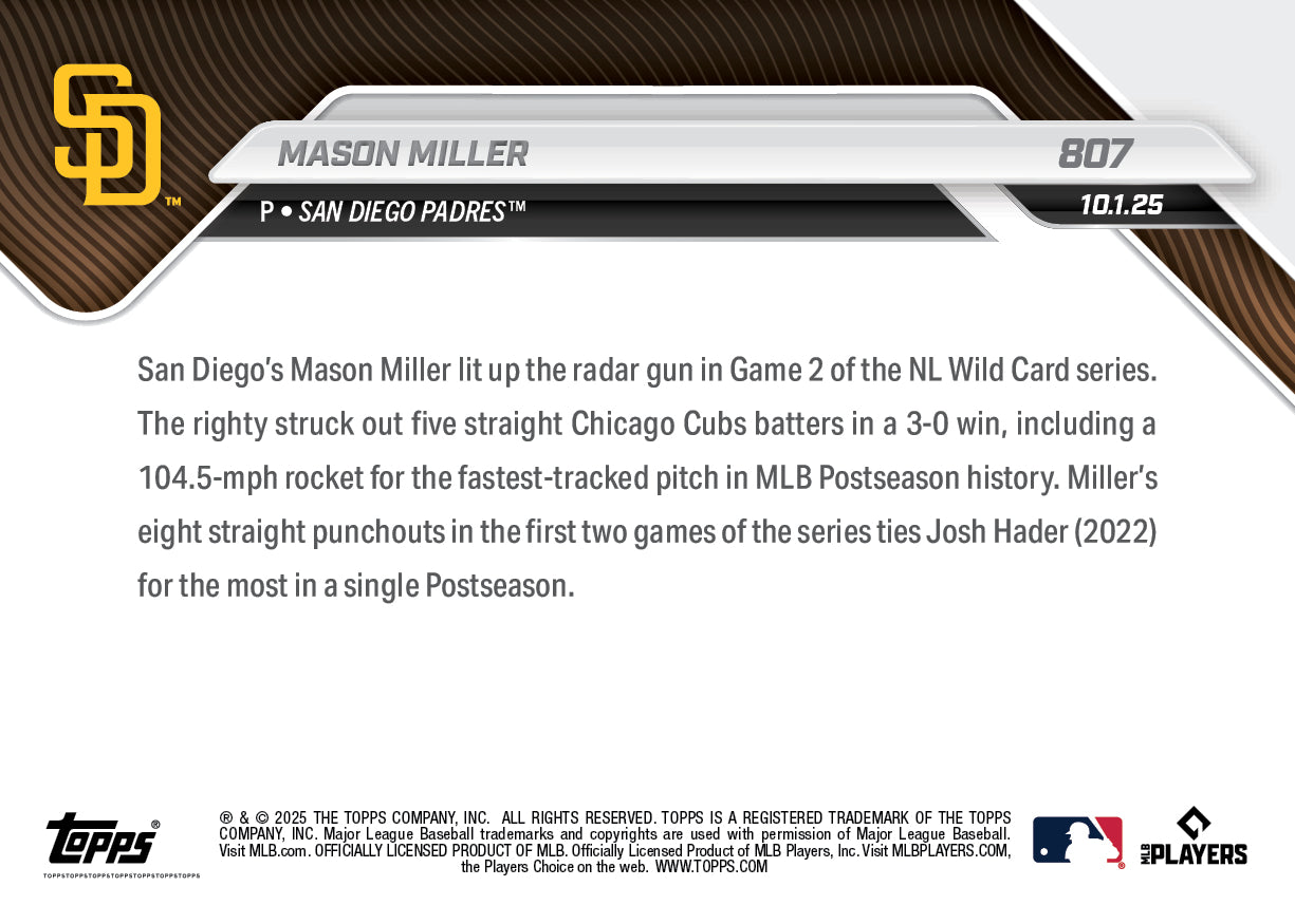 Mason Miller - 2025 MLB Topps NOW® - Card 807