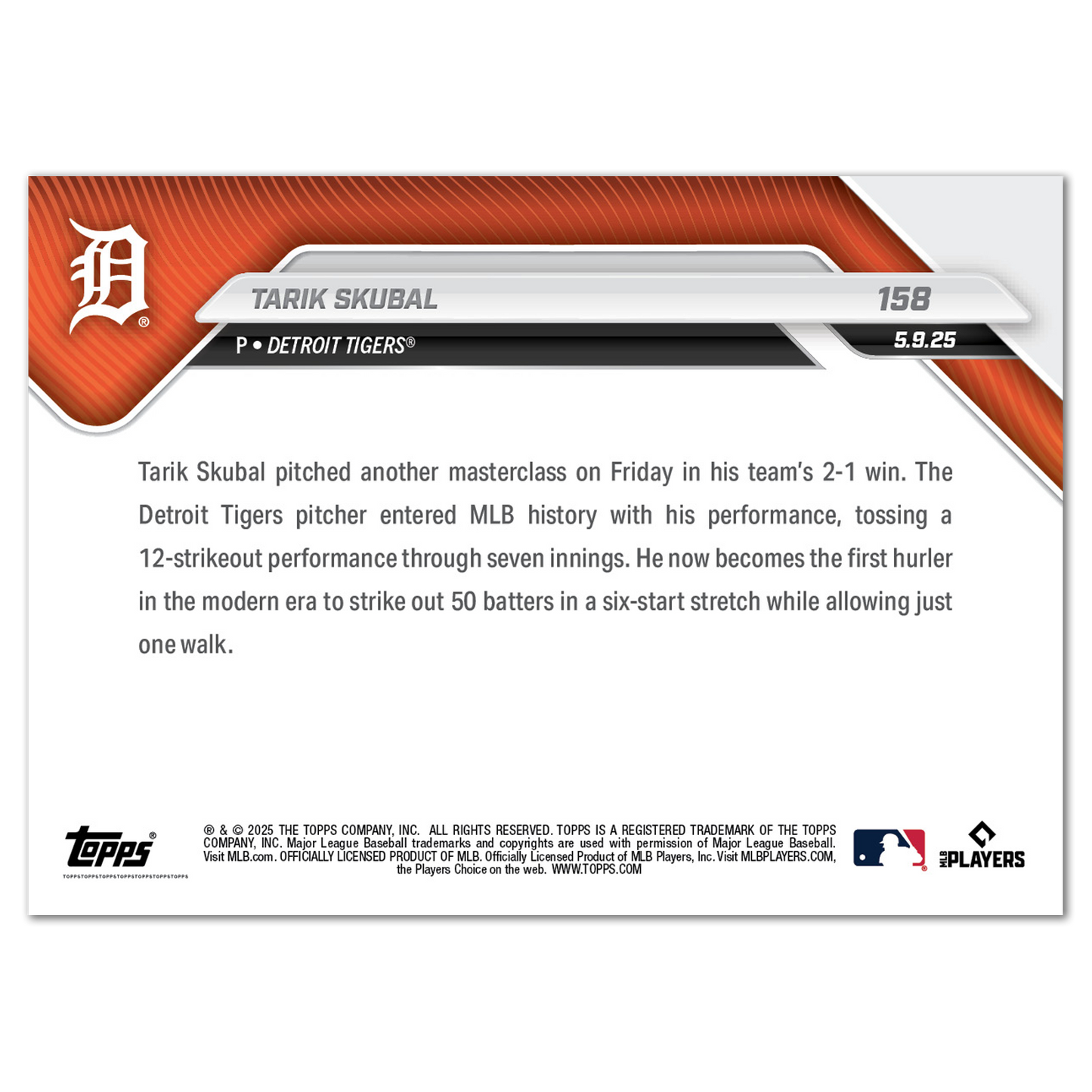 Tarik Skubal - 2025 MLB Topps NOW® - Card 158
